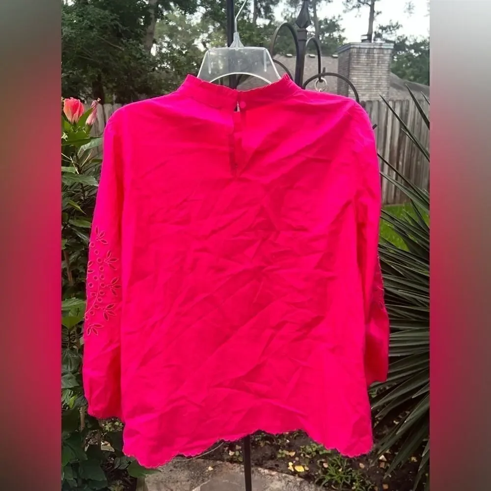 ▶️ J.Crew ◀️ Pink Mockneck Cotton Poplin Top with Embroidered Eyelet